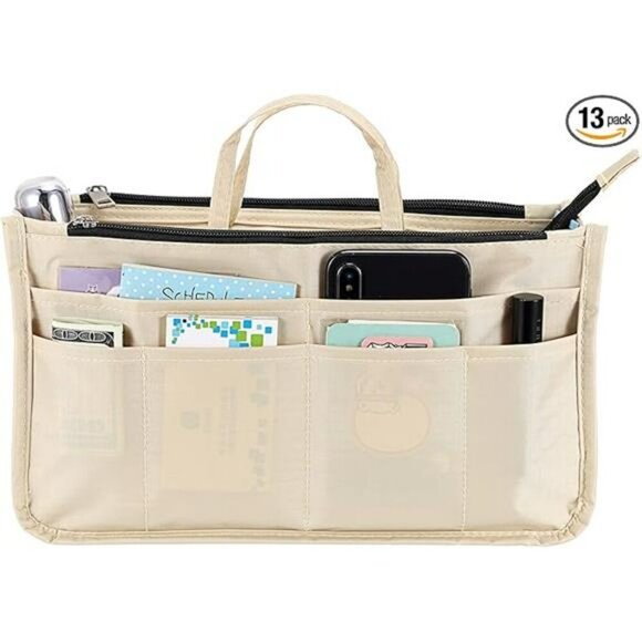 BTSKY Purse Organizer Insert Tote Bag High Capacity 13 Pocket Handbag Beige - Picture 8 of 8